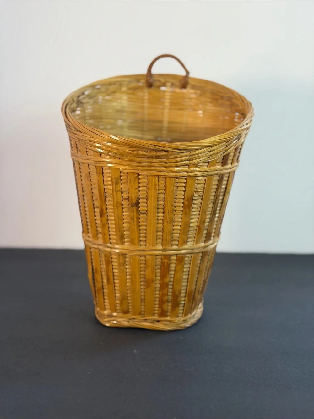 Vintage Hanging Tortoise Shell Woven Bamboo Basket Vintage 10x7in Boho Decor